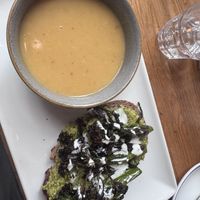 Spicy lentil soup and pea sandwich   at Hendersons in Edinburgh