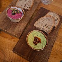 Broad bean guacamole and beet hummus at Hendersons in Edinburgh