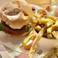 BBQ burger with falafel patty  at Hello! in Medellin