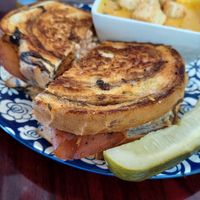 Reuben with Herbivorous Butcher pastrami. Coconut carrot ginger soup. at Sweet Hazel & Co Grab & Go in Salt Lake City