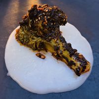 Grilled broccoli and sauce at Hotel Sin Nombre in Oaxaca