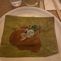 Mushroom tamal with yellow mole at Hotel Sin Nombre in Oaxaca
