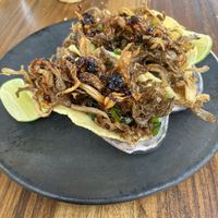 Fried mushroom tacos.  Tasty, but little substance. Wouldn’t order again. at Hotel Sin Nombre in Oaxaca