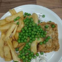 Tofish, chips and tartare sauce. I added the peas at home. at Seacrest Fish and Chips in Southend-on-sea
