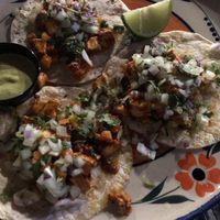 Tofu Tacos al Pastor: Soft corn tortilla with an al pastor marinated organic tofu with cilantro, onions, and pineapple. It’s spicy, and really good!  at Azul Mexicano in North Charleston