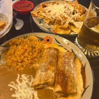 Rice, beans, bean chimichanga’s, vegan cheese  at Azul Mexicano in North Charleston