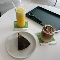 Orange juice, chocolate orange cake and oat latte   at Jisok in Seoul