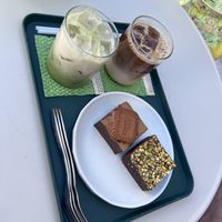 Iced Matcha with oat, iced vanilla latte with oat, pistachio + biscoff brownie   at Jisok in Seoul
