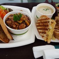 Chili and brown rice, vegan panini, potato coconut chowder, salad. at Cafe Ono in Volcano