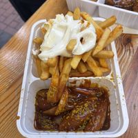 Curry wurst with fries and vegan mayo  at My Curry Wurst in Cologne