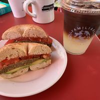 Vegan sausage breakfast sandwich (and espresso lemonade seasonal drink)  at Familiars Coffee & Tea in Northampton
