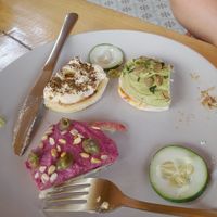 Hummous guacamole beetroot on arepa at Gracias Vida in La Guajira