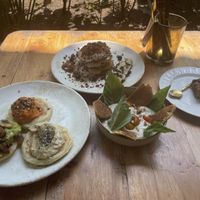 Threesome arepas, coastal caprese, power pancakes, brookie  at Gracias Vida in La Guajira