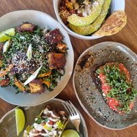Scrambled tofu, tofu salad, Italian toast and cauliflower taco   at Gracias Vida in La Guajira