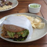 Lentil burger with chips and vegan mayo at Gracias Vida in La Guajira