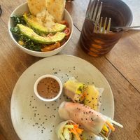 American breakfast bowl & rice paper rolls  at Gracias Vida in La Guajira