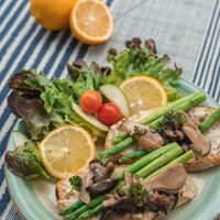 Vegan Sourdough, Grilled mushroom, asparagus,Cream cheese.  at MOODs  in Chiang Mai