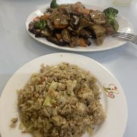 Seitan and mushrooms with vegetable rice  at Loving Hut in Panama City