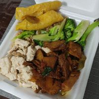 Veggie fried rice, tofu, seiten, broccoli and plantain at Loving Hut in Panama City
