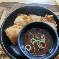 Golden brown baked wantan dough, baked tofu, leek, onion, carrot, sweet and sour sauce at Tru Story in Hannover