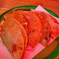 Orden de 5 tacos. (Funky lighting under the umbrella, sorry!) at Los Veganos de Canasta in Mexico City