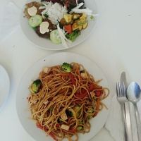 Pasta dish and salad from the buffet at Loving Hut - Xalapa in Xalapa