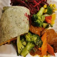 different components from the buffet section (to go) at Loving Hut - Vinohrady in Prague