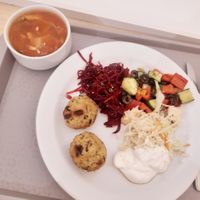 Tomato soup, 2 soya balls, "greek" salad, beetroot and cabbage salad, soyanaise at Loving Hut - Vinohrady in Prague