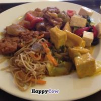 Items on the hot food bar for the day: Coconut tofu in bottom right, lo mein bottom left, fried seitan on the left, kung pao tofu top middle, tofu and vegetable salad on the top right. at Loving Hut - Vinohrady in Prague