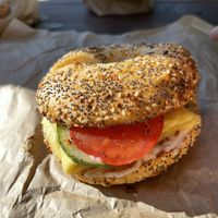Amazing vegan sandwiches- “ Bed Head” and one with added veggies   at Bagel Sphere in Eugene