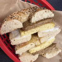 Bed Head breakfast sandwich   at Bagel Sphere in Eugene