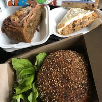 Mushroom and bean burger, coffee & walnut cake, carrot cake (all vegan)  at The Kitchen on Great Moor Street in Bolton