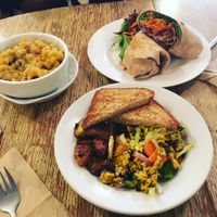Miso tempeh wrap, scrambled tofu with toast and potatoes, and Mac and cheese. All vegan.  at Local Sprouts Cafe in Portland