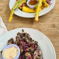 Top is veg tempura, bottom mushroom chips at Heligan Kitchen & Bakery in St Austell