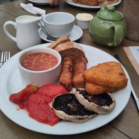 Vegan breakfast plus English Breakfast tea with soy milk. at Heligan Kitchen & Bakery in St Austell