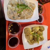 veggie surprise (wontons with tofu, etc.) on top at Dumpling Man in New York City