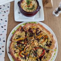 Vegetarian moussaka and vegan hummus pizza at Horizon in Zakynthos