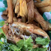 Buffalo Chick’n sandwich w/fries  at Plantology in Gainesville