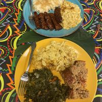 Soul plates.. Mac n cheeze, mashed potatoes, ribs, meatloaf, and kale at Vegan World Cafe in Chicago