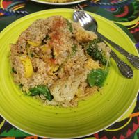 Veggie stir fry with fish protein at Vegan World Cafe in Chicago