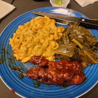 Soul plate with ribs, collard greens, Mac n cheese at Vegan World Cafe in Chicago