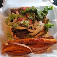 Gyro with sweet potato fries at Vegan World Cafe in Chicago