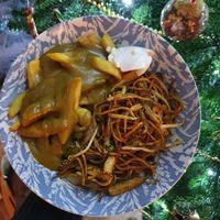 Vegan chow mein, chips and curry sauce at Oriental Chef in Wolverhampton