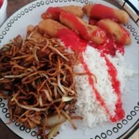 Vegan chow mein, chicken balls and boiled rice with sweet & sour sauce at Oriental Chef in Wolverhampton