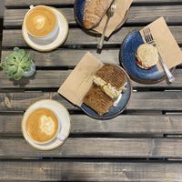 Oat lattes, chickn pesto sandwich, coffee & caramel croissant and Viennese swirl. at Revival in West London