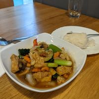 sticky rice and vegan stir fry at Saphan Thai in Aberystwyth