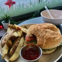 Beyond burger w/ avocado and fries  at Rock n Roots in Williston Park