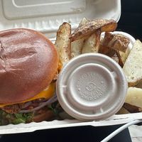 Bacon cheeseburger with fries  #Veganuary at Rock n Roots in Williston Park