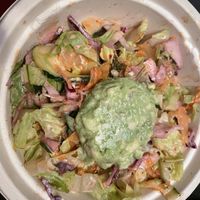 Build your own salad - Romain , no sauce, avocado mash , cucumber , zoodle, cabbage slaw and kimchi  at Rock n Roots in Williston Park