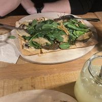 Dinner: Pilzliebe Flammkuchen with extra no chicken (and Immun booster in the foreground)  at Esskalation in Bonn